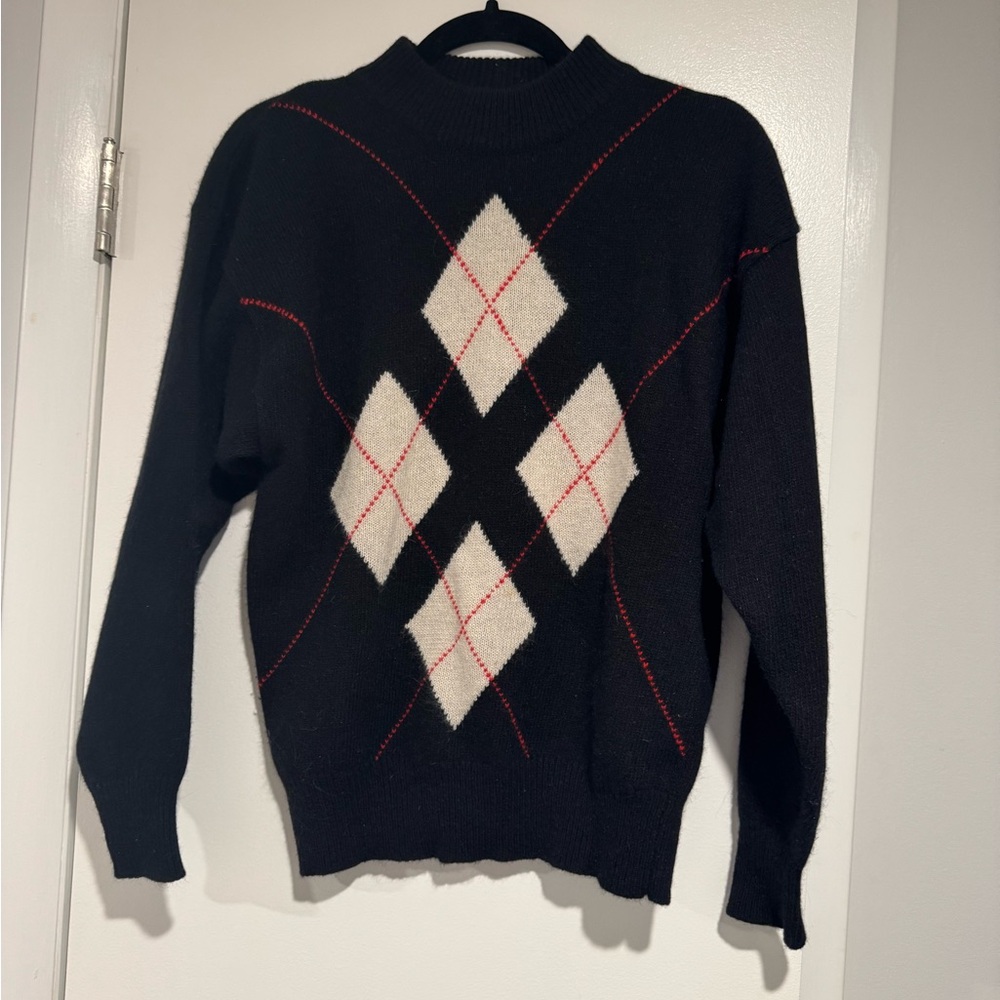Rafaella Petite Black and White Argyle Crewneck Sweater